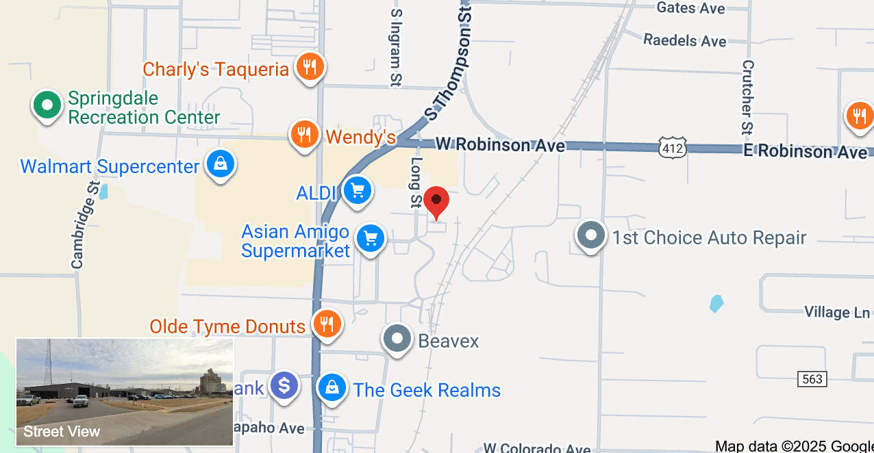 A digital map showing businesses along W Robinson Ave in Springdale, Arkansas, including ALDI, Asian Amigo Supermarket, Wendy’s, and Charly’s Taqueria. A small street view inset appears at the lower left.