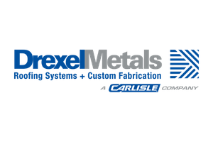 Logo for Drexel Metals, featuring the text Drexel Metals Roofing Systems + Custom Fabrication, a blue and gray geometric icon, and the phrase A Carlisle Company below.