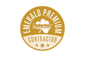 Gold circular badge with “Emerald Premium Contractor” in white text around the edge. In the center, a clover and “Malarkey Roofing Products” logo appear above three stars at the bottom.