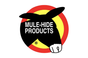 Logo featuring a black mule’s head with the words “MULE-HIDE PRODUCTS” in white, set inside a yellow circle with a red border on a light background.