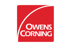 The Owens Corning logo features white text reading “Owens Corning” on a red square background, with a curved white line arcing from the top left to the upper right corner.